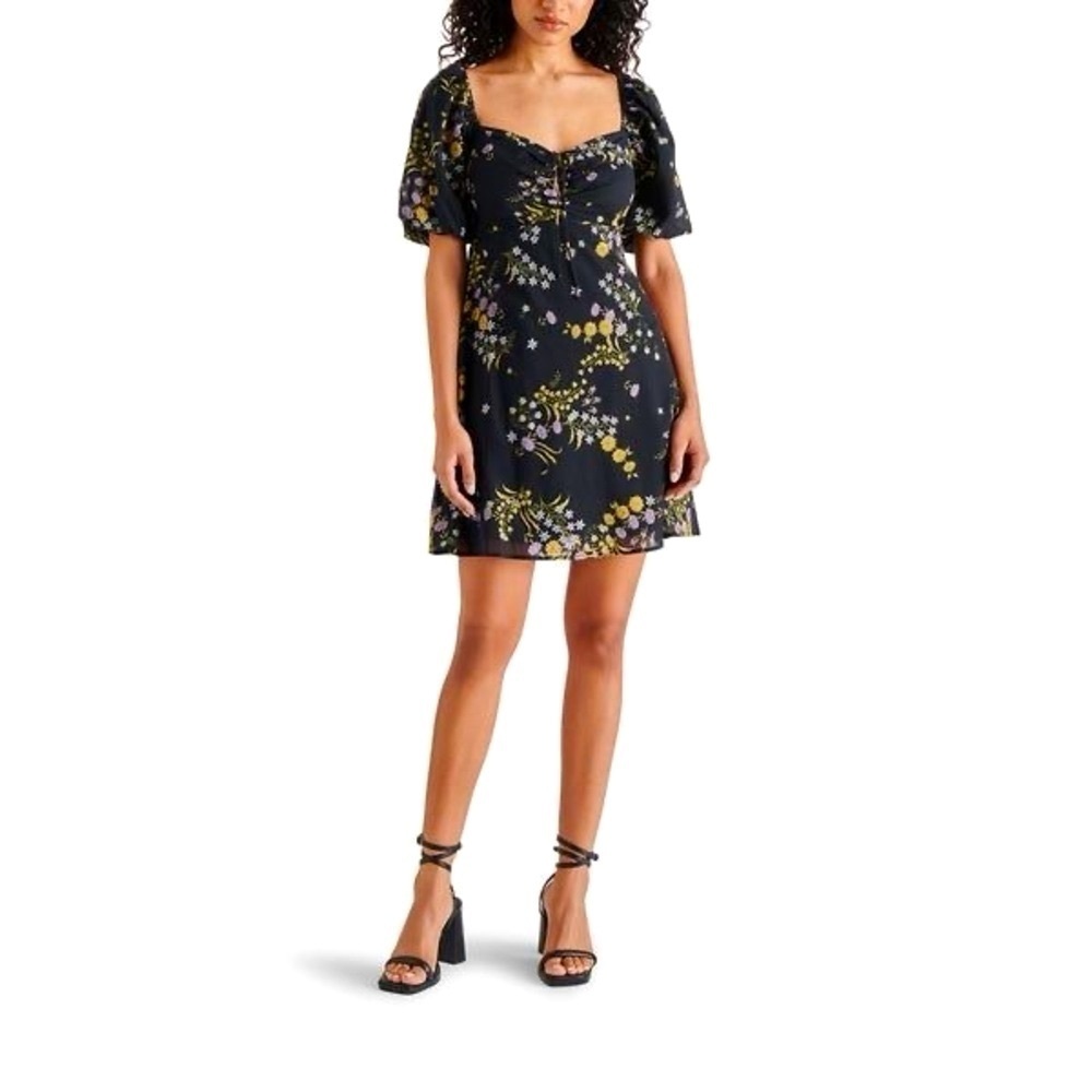 Steve Madden Black Violeta Dress With Puff Sleeves Mini 100% Cotton Size Medium